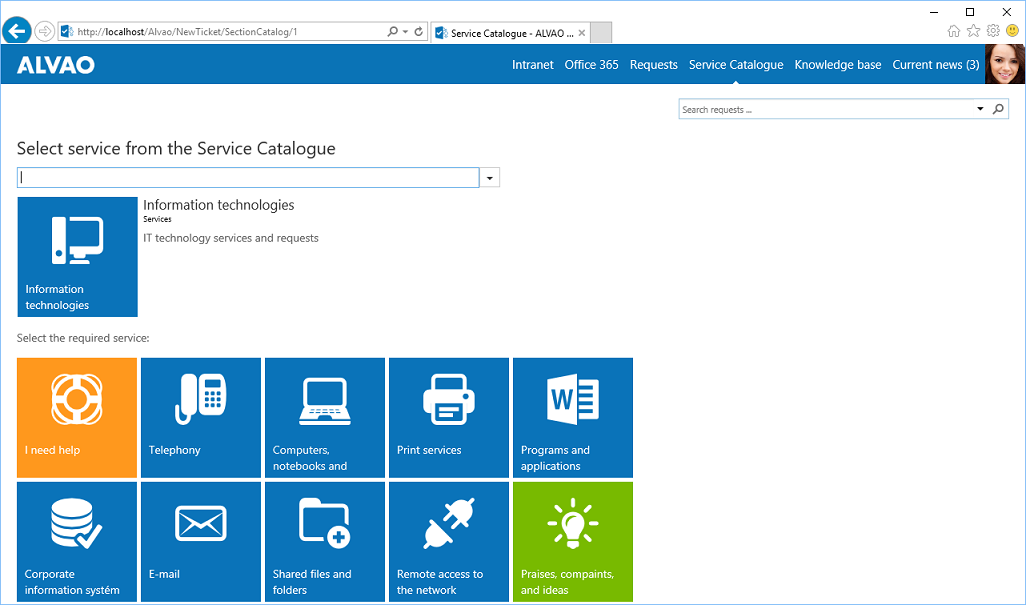 Katalog služeb na Service Desk WebApp